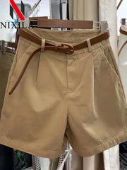 Summer Cotton Shorts for Women Korean Loose Casual Wide Leg Short Belt Solid Color Rose Red Women's Short Pants Female Clothing
