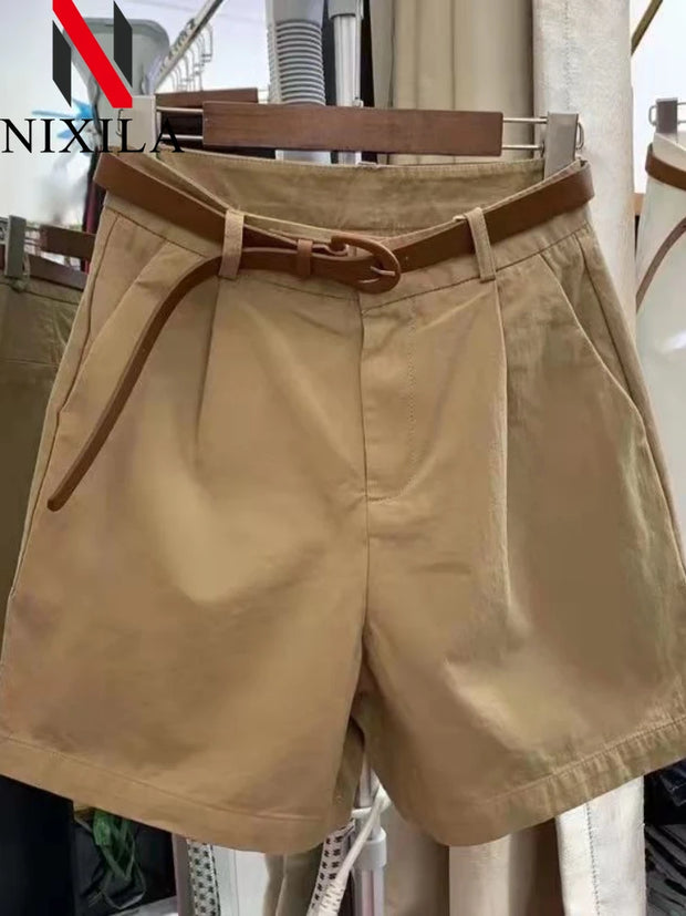 Summer Cotton Shorts for Women Korean Loose Casual Wide Leg Short Belt Solid Color Rose Red Women's Short Pants Female Clothing