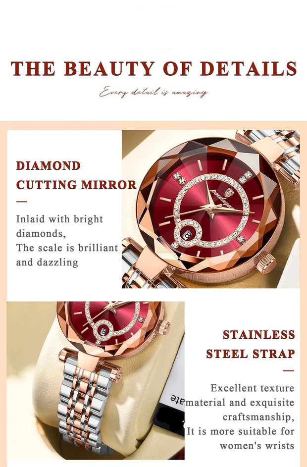 Luxury Women's Diamond Quartz Watch – Waterproof, Stainless Steel, Date Display, Elegant Timepiece with Box