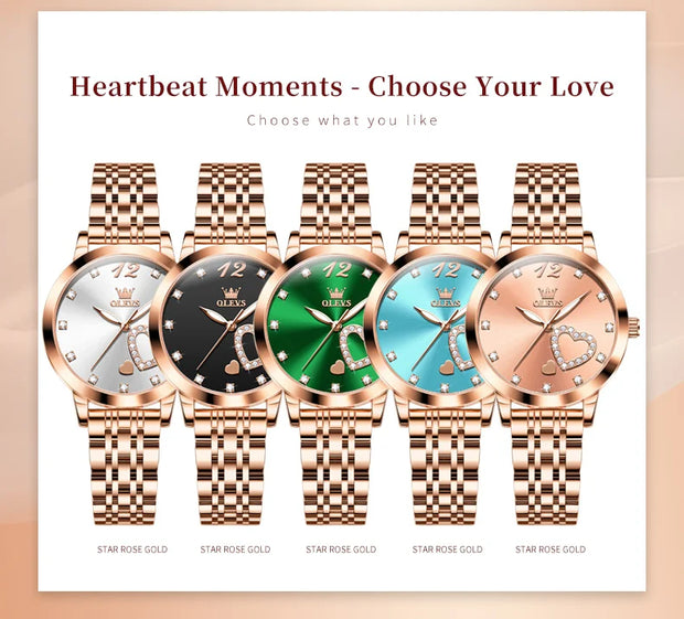 OLEVS Japan Quartz Women Watch Stainless steel Bracelet "Love" Dial Fashion Elegant Waterproof Luminous Quartz Watch for Ladies