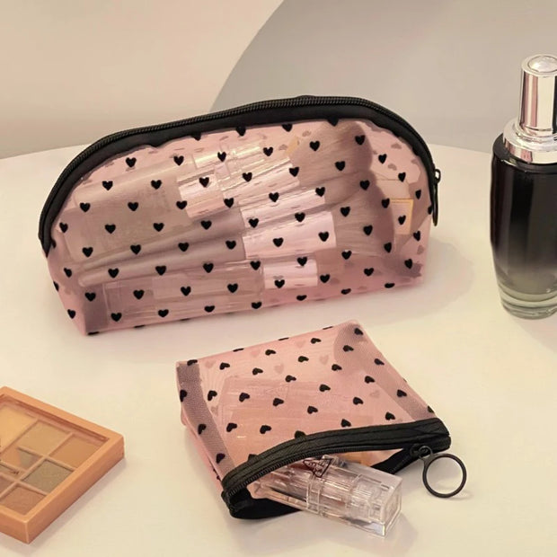 Heart Transparent Mesh Makeup Bag Multifunction Portable Women Cosmetic Storage Pouch Ladies Toiletry Lipstick Organizer Bags - Luxe Ladies Moda