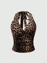 Leopard Printed V-neck Backless Halter Crop Top for Women Summer Sexy Y2K Sleeveless Ruched Top Streetwear