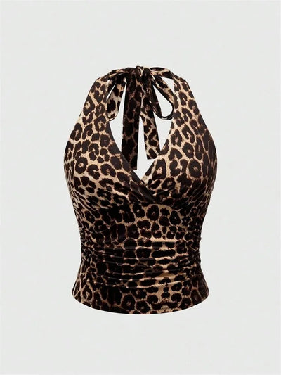 Leopard Printed V-neck Backless Halter Crop Top for Women Summer Sexy Y2K Sleeveless Ruched Top Streetwear