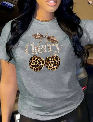 Women's Casual Cherry Print T-Shirt with Leopard Print Cherries & Letter Design - Short Sleeve, Crew Neck Ladies T Shirts - Luxe Ladies Moda