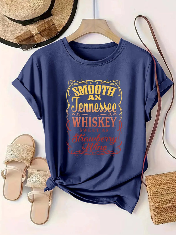 Plus Size Women's Round Neck Whiskey & Strawberry Wine themed Print Short Sleeve T Shirt Summer Casual Trendy Tops - Luxe Ladies Moda