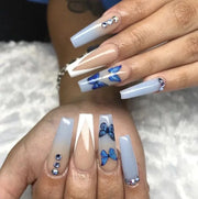 24pcs/Box Long T Handmade French Flame Wave Love With Diamond False Nail Enhancement Waterproof Gel Fake Nails