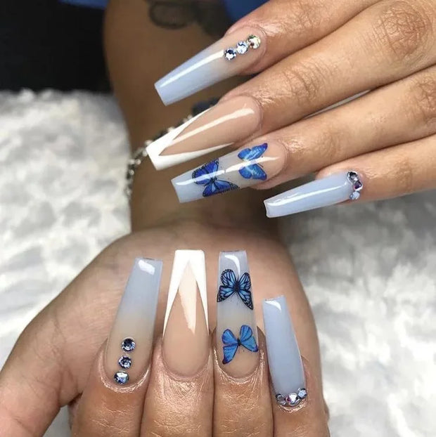 24pcs/Box Long T Handmade French Flame Wave Love With Diamond False Nail Enhancement Waterproof Gel Fake Nails