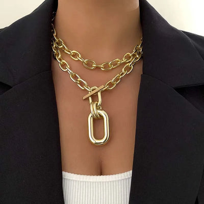 Exaggerated Gold Color Big Elliptical Pendant Necklace for Women Metal Chunky Chain OT Buckle Necklace - Luxe Ladies Moda