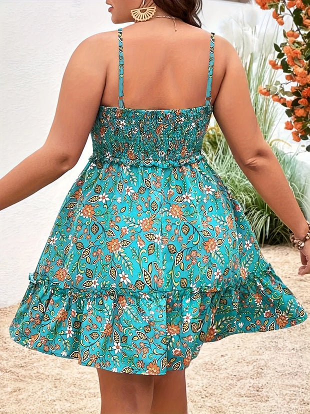 Plus Size Summer Women Elegant Floral Print Dress Vacation Vintage Casual Sleeveless Ruffle Sling Dresses - Luxe Ladies Moda