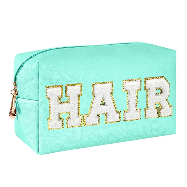 Chenille Letter Cosmetic Bag PU Leather Waterproof Pouch Cute Zipper Organizer, Skin, Hair and Face - Luxe Ladies Moda