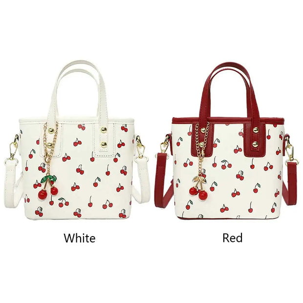 Women PU Cherry Shoulder Bag Large Capacity Stylish Crossbody Bag with Cherry Pendant Simple Messenger Bag Aesthetic Handbag - Luxe Ladies Moda