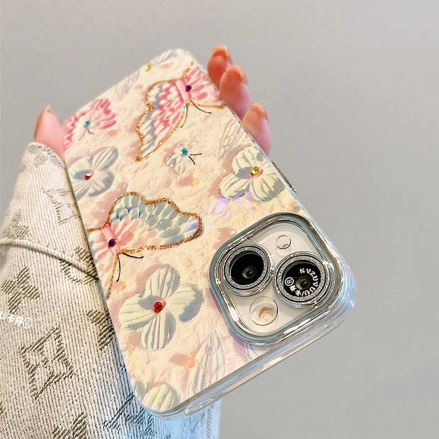 For iPhone 15 14 13 12 Pro Max 11 Fashion Blue Light Butterfly Flower Glitter Shockproof Phone Case with lens protective film - Luxe Ladies Moda