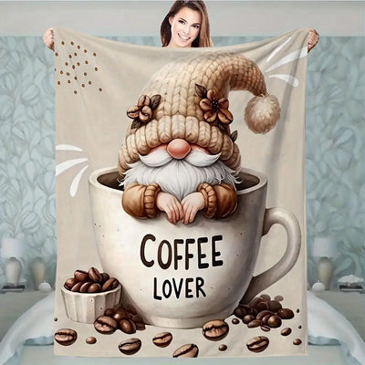 Cozy Gnome and Coffee Print Flannel Blankets - Soft, Warm Sofas, Office Beds, Camping Blankets - Versatile All-season Gifts