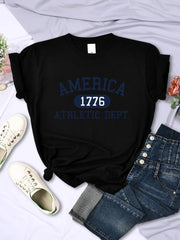 America 1776 Athletic Dept Letter T-Shirt Female Sport Casual Top Cool Hip Hop Tee Shirt Soft Breathable T Shirt Women