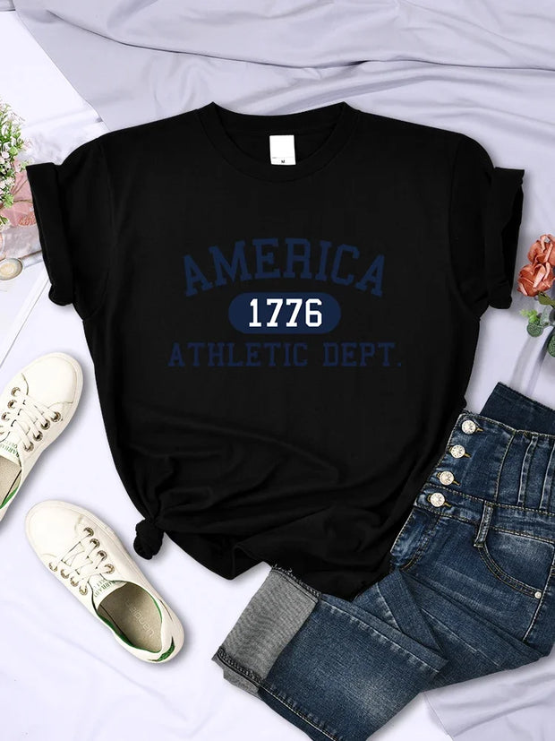 America 1776 Athletic Dept Letter T-Shirt Female Sport Casual Top Cool Hip Hop Tee Shirt Soft Breathable T Shirt Women