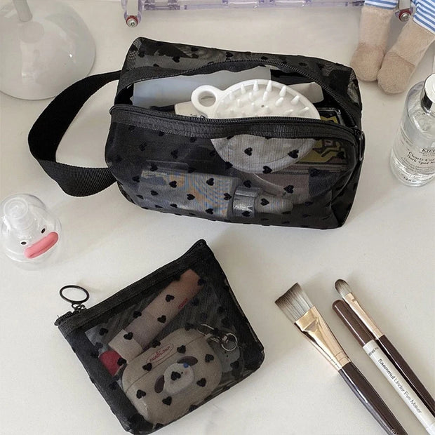 Heart Transparent Mesh Makeup Bag Multifunction Portable Women Cosmetic Storage Pouch Ladies Toiletry Lipstick Organizer Bags - Luxe Ladies Moda