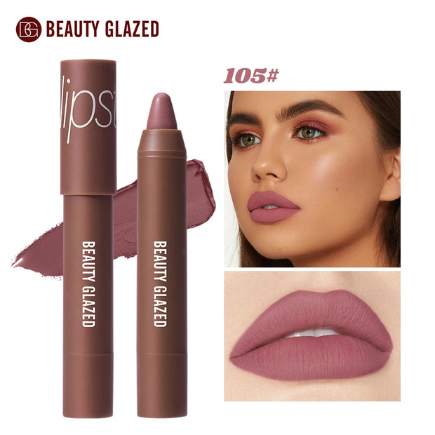 Beauty Glazed Matte Lipstick Pencil Waterproof Long Lasting Lip Balm 12 Colors Velvet Lip Liner Pen Lips Makeup Women Cosmetics - Luxe Ladies Moda
