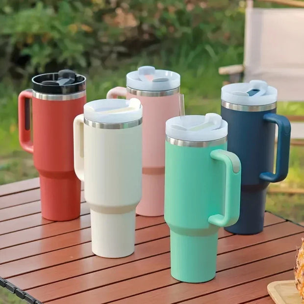 40oz 304 Straw For Sport Stainless Steel Insulated Water Bottle Thermal Coffee Car Cup Cold Hot Mugs Vacuum Flask With Handle - Luxe Ladies Moda