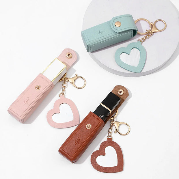 Solid Color Portable Lipstick Bags Wallet Keychain Mini Storage Bag For Women Lipsticks Protective Cover With Mini Makeup Mirror - Luxe Ladies Moda