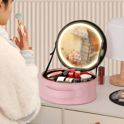 Travel PUMakeup Bag With Led Mirror, Portable Cosmetic Bag With Mirror And Light, Travel Rechargeable Makeup Bag With Led Lights - Luxe Ladies Moda