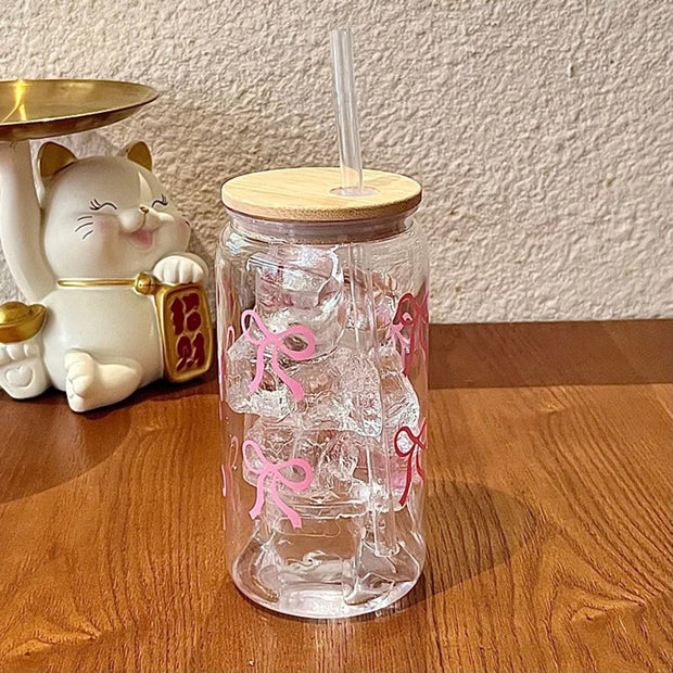 500Ml Pink Bow Print Water Bottle Drinking Can Iced Hot Coffee Juice Plastic Cup Pink Bowknot Tumbler Cup - Luxe Ladies Moda