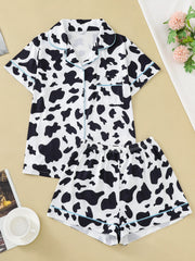 Two-piece set of women's pajamas lapel top and trousers cow pattern summer casual women's pajamas home wear - Luxe Ladies Moda