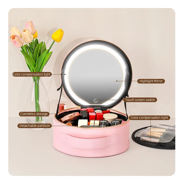 Travel PUMakeup Bag With Led Mirror, Portable Cosmetic Bag With Mirror And Light, Travel Rechargeable Makeup Bag With Led Lights - Luxe Ladies Moda