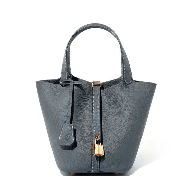 Ladies Handbag Female Bucket Bag Basket Shoulder Bag Travel Bag Large Soft Cowhide Leather Tote with Lock Design