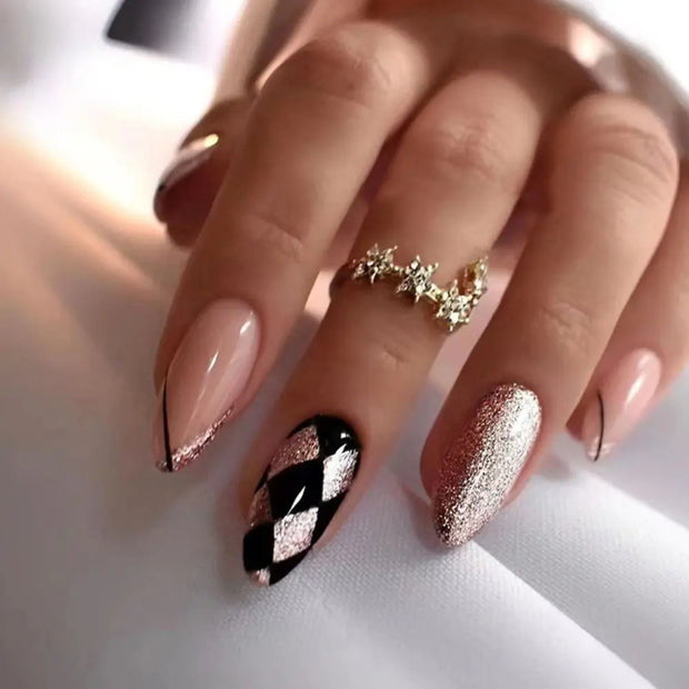 24pcs Detachable Almond French False Nails DIY Glitter Design Press on Nails Fake Nials DIY Manicure Nail Tips - Luxe Ladies Moda
