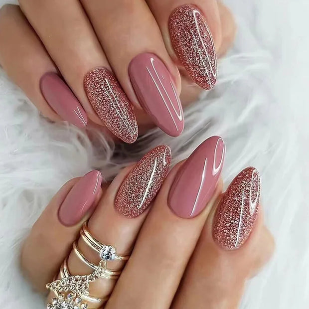 24pcs Detachable Almond French False Nails DIY Glitter Design Press on Nails Fake Nials DIY Manicure Nail Tips - Luxe Ladies Moda