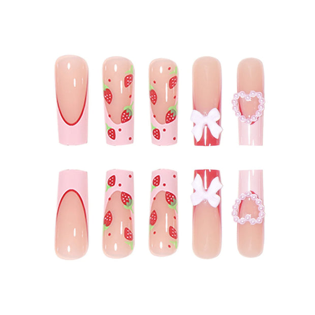 24 Pcs Press On Nails Pink Strawberry Fake Nails Glossy Artificial Finger Manicure Reusable False Nails For Women