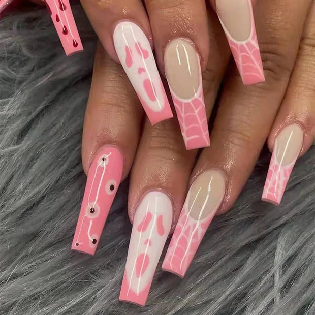 24pcs/Box Long T Handmade French Flame Wave Love With Diamond False Nail Enhancement Waterproof Gel Fake Nails