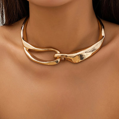 Exaggerated Thick Heavy Metal Buckle Collar Choker Necklace for Women Punk Gold Color Chunky Short Necklace Party