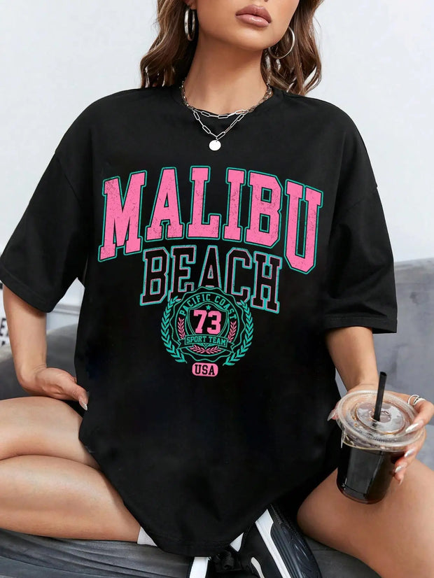 Malibu Beach Letter Print Print Womens T-Shirts Street Casual Tshirt Summer Brand Tee Clothing Hip Hop Breathable Tshirts Women - Luxe Ladies Moda