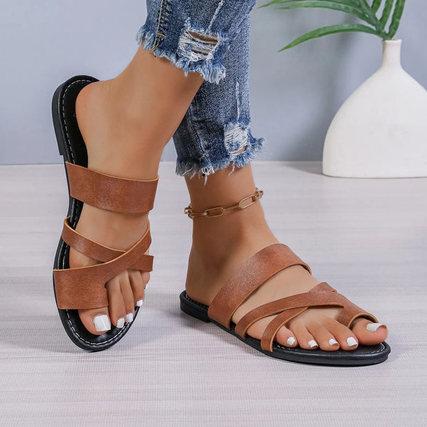 Women's Shoes Square Head Cross Flat Summer Sandals Simple Flip-flops Women Wear Slippers Beach Slippers - Luxe Ladies Moda