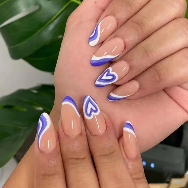 24pcs/Box Long T Handmade French Flame Wave Love With Diamond False Nail Enhancement Waterproof Gel Fake Nails