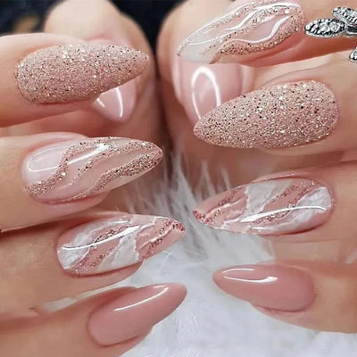 24pcs Detachable Almond French False Nails DIY Glitter Design Press on Nails Fake Nials DIY Manicure Nail Tips - Luxe Ladies Moda