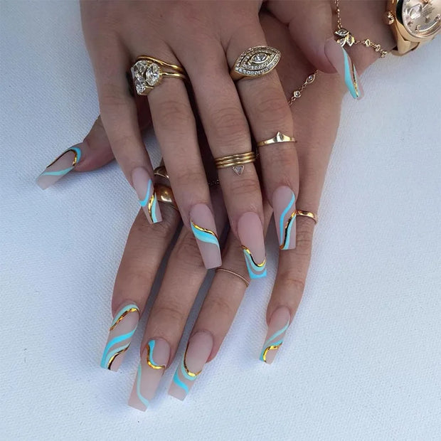 24pcs/Box Long T Handmade French Flame Wave Love With Diamond False Nail Enhancement Waterproof Gel Fake Nails