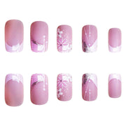 24pcs French False Nails Pink Flowers Short Coffin Fake Nail Tips for Girl Wearable Sweet Korean Simple Nude Pink Press on Nails - Luxe Ladies Moda