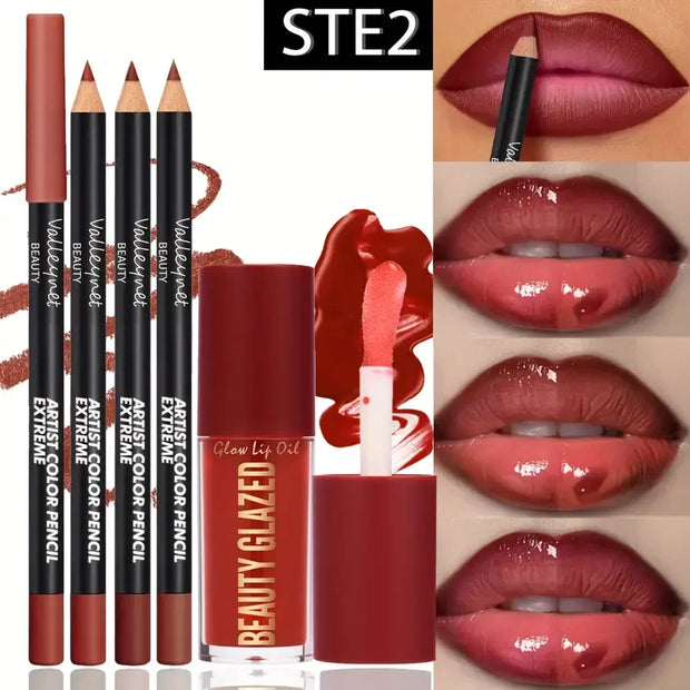 4PCS Dark Brown Lip Kit – Lip Liner + Lip Glaze, Waterproof & Long-Lasting Matte Finish