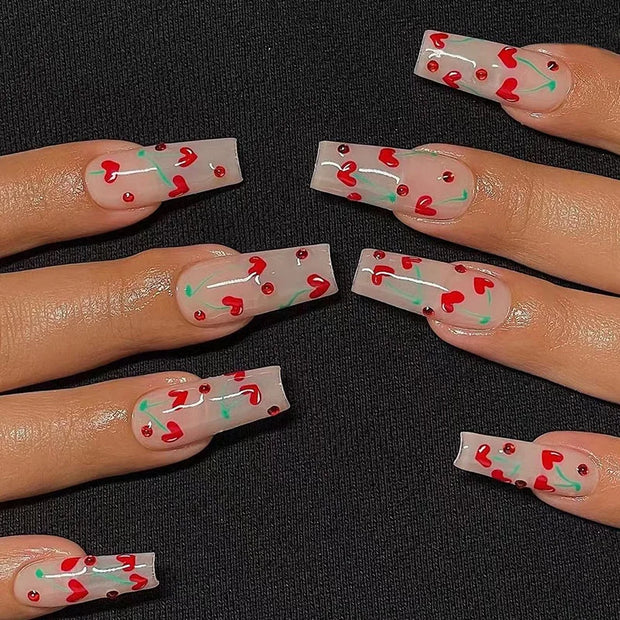 24pcs/Box Long T Handmade French Flame Wave Love With Diamond False Nail Enhancement Waterproof Gel Fake Nails