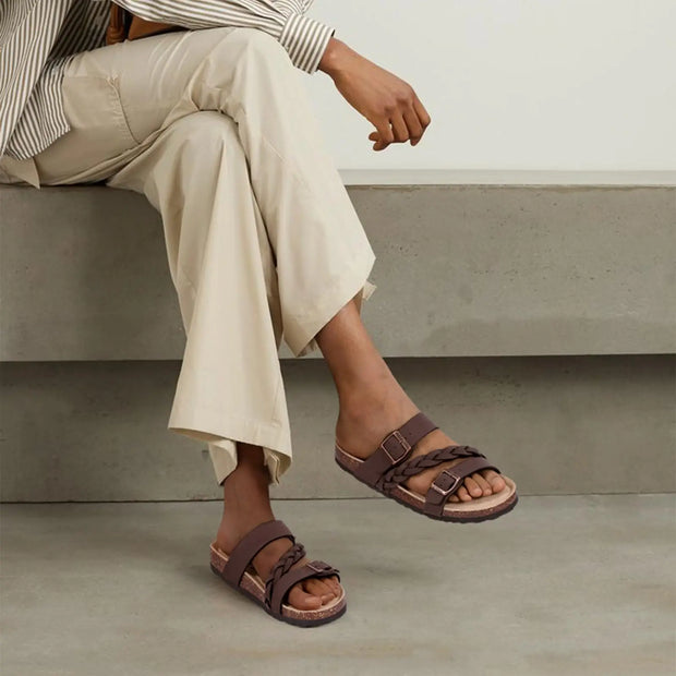 Women's Cork Footbed Sandals With Arch Support Summer Women Cork Slippers Slip-On Slide Sandals With Adjustable Buckle