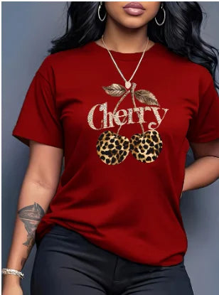 Women's Casual Cherry Print T-Shirt with Leopard Print Cherries & Letter Design - Short Sleeve, Crew Neck Ladies T Shirts - Luxe Ladies Moda