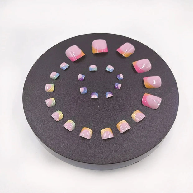 Summer French Gradient Press-On Toe Nails – Short Square Full Cover Rainbow Fake Toenail Set