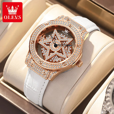 OLEVS Elegant Quartz Watch for Women Luxury Star Snowflake Dial Women's Watches Leather Strap Fashion Ladies Wrist Watches Clock - Luxe Ladies Moda