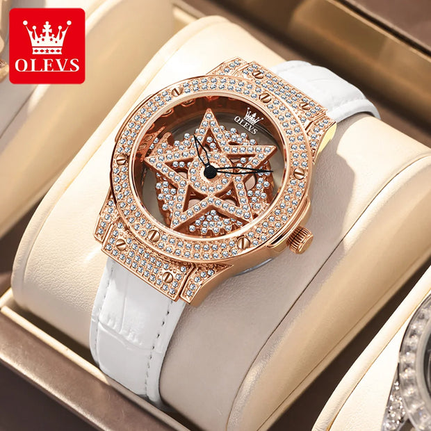 OLEVS Elegant Quartz Watch for Women Luxury Star Snowflake Dial Women's Watches Leather Strap Fashion Ladies Wrist Watches Clock - Luxe Ladies Moda