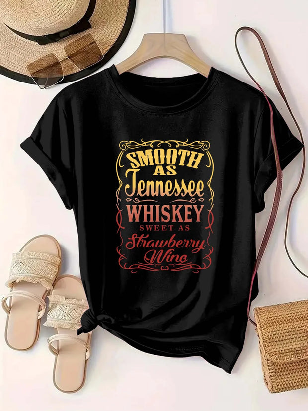 Plus Size Women's Round Neck Whiskey & Strawberry Wine themed Print Short Sleeve T Shirt Summer Casual Trendy Tops - Luxe Ladies Moda