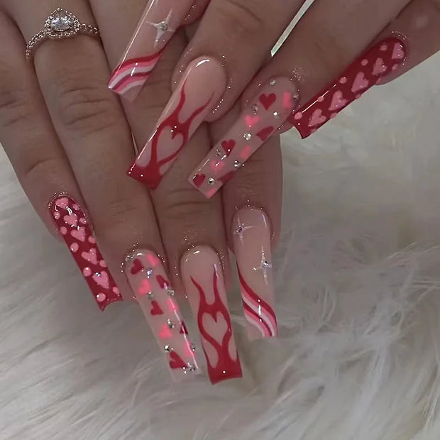 24pcs/Box Long T Handmade French Flame Wave Love With Diamond False Nail Enhancement Waterproof Gel Fake Nails