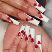 24pcs/Box Long T Handmade French Flame Wave Love With Diamond False Nail Enhancement Waterproof Gel Fake Nails