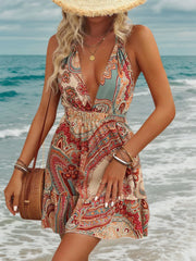 Women's Boho Printed Halter Backless Tie-Back Crop Mini Dress, Casual & Resort Style, Spring/Summer - Luxe Ladies Moda